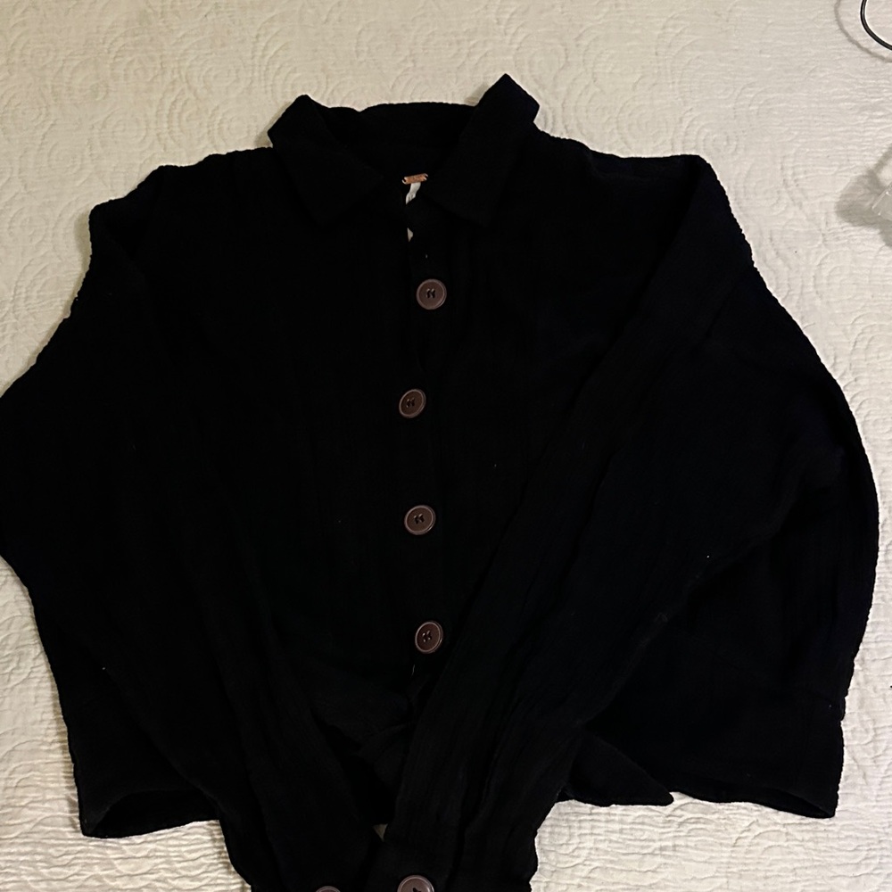 Free People Black Textured Button-Up